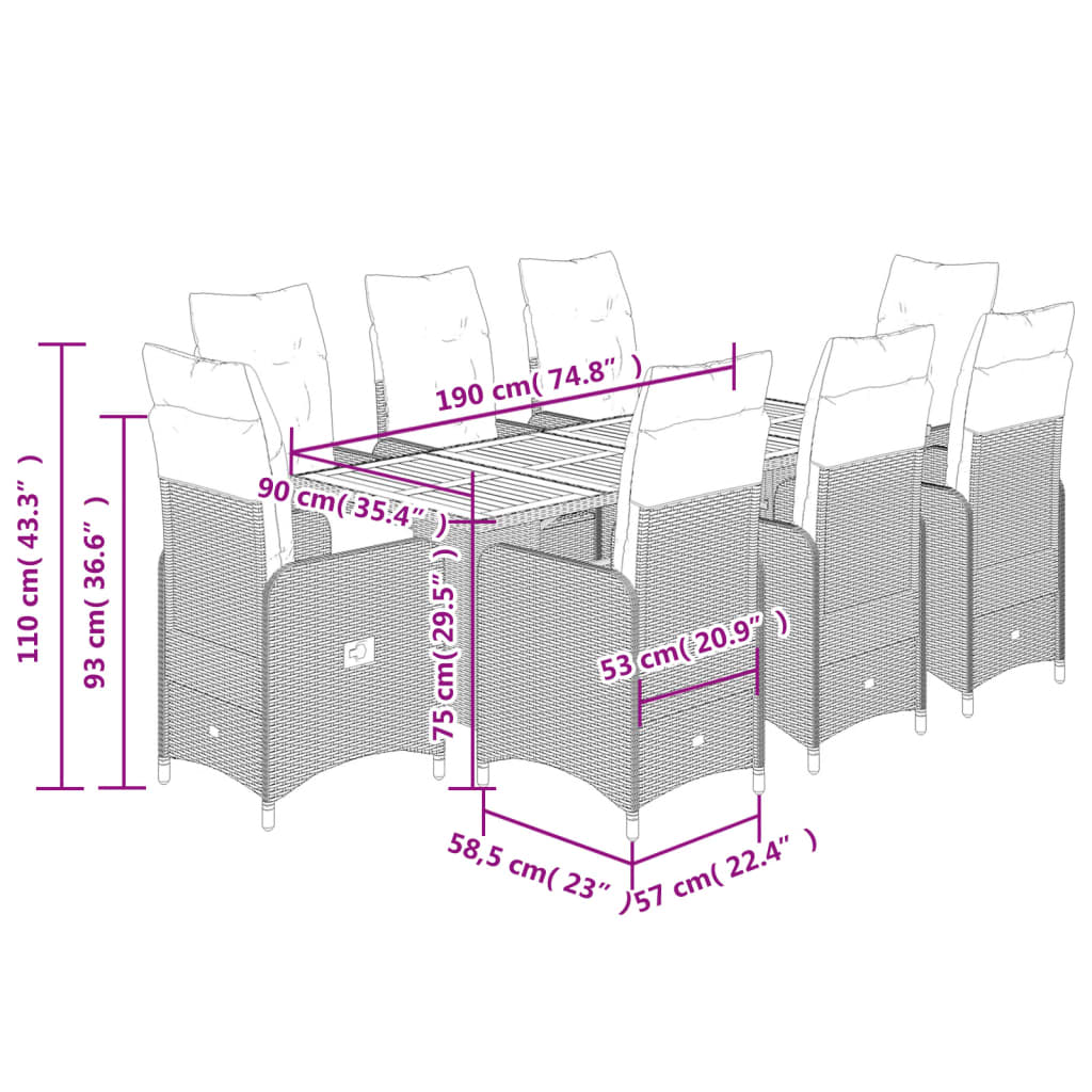 Set Bistrò da Giardino 9 pz con Cuscini in Polyrattan Grigio 3277029