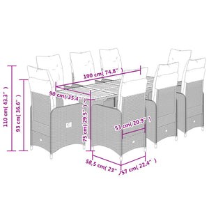 Set Bistrò da Giardino 9 pz con Cuscini in Polyrattan Grigio 3277029