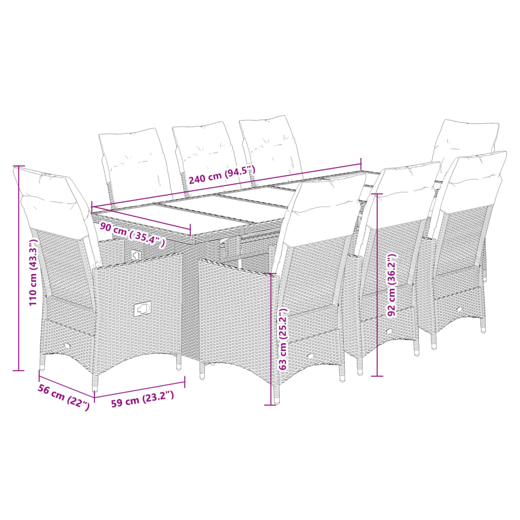 Set Bistrò da Giardino 9 pz con Cuscini in Polyrattan Grigio 3277240