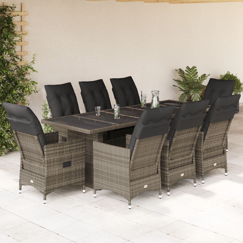 Set Bistrò da Giardino 9 pz con Cuscini in Polyrattan Grigio 3277240