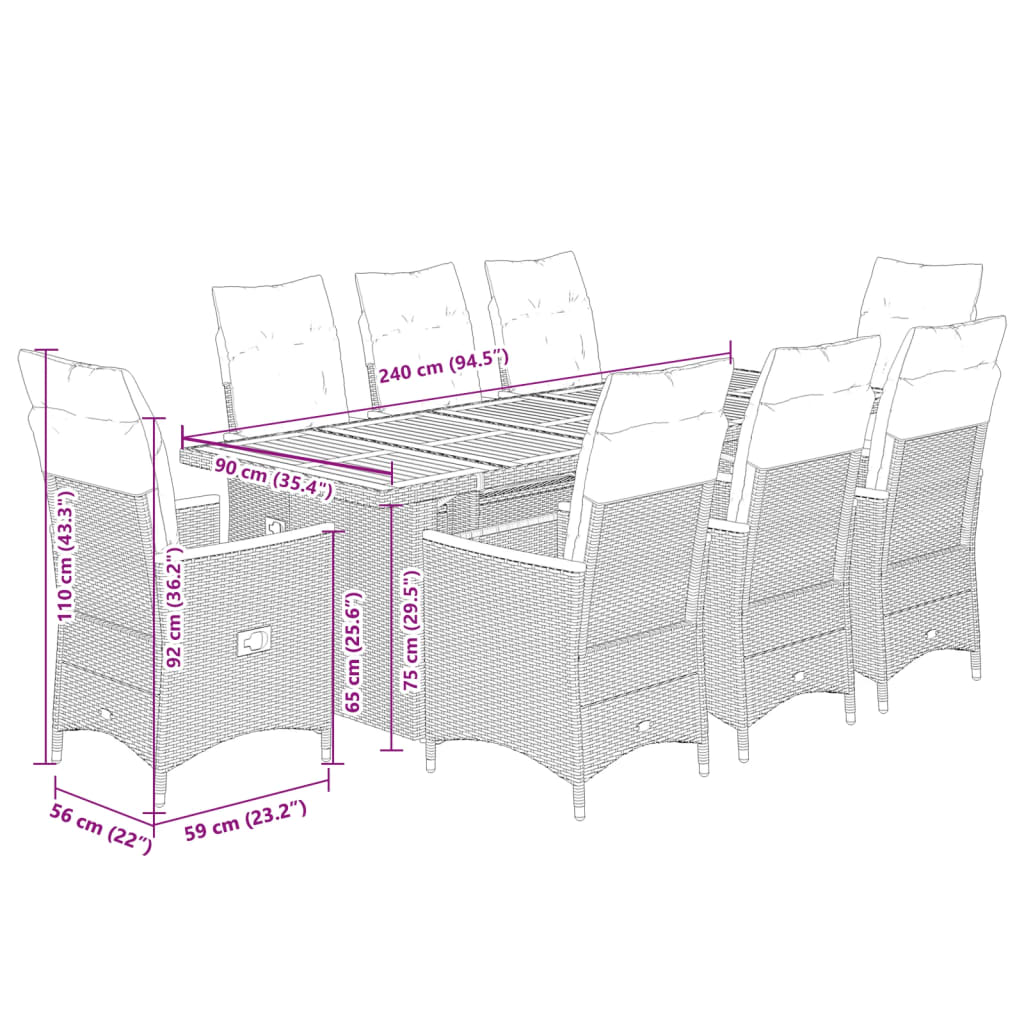 Set Bistrò da Giardino 9 pz con Cuscini in Polyrattan Grigio 3277252