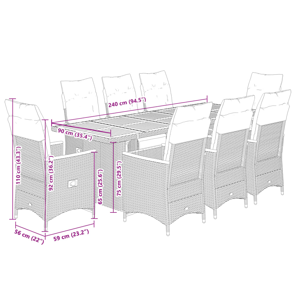 Set Bistrò da Giardino 9 pz con Cuscini in Polyrattan Grigio 3277269