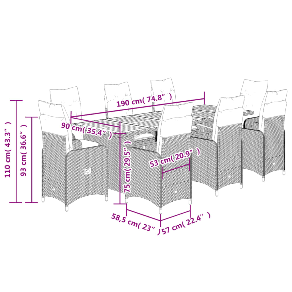 Set Bistrò da Giardino 9 pz con Cuscini in Polyrattan Grigio 3277277