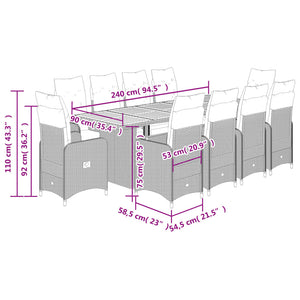 Set Bistrò da Giardino 11 pz con Cuscini in Polyrattan Grigio 3277294