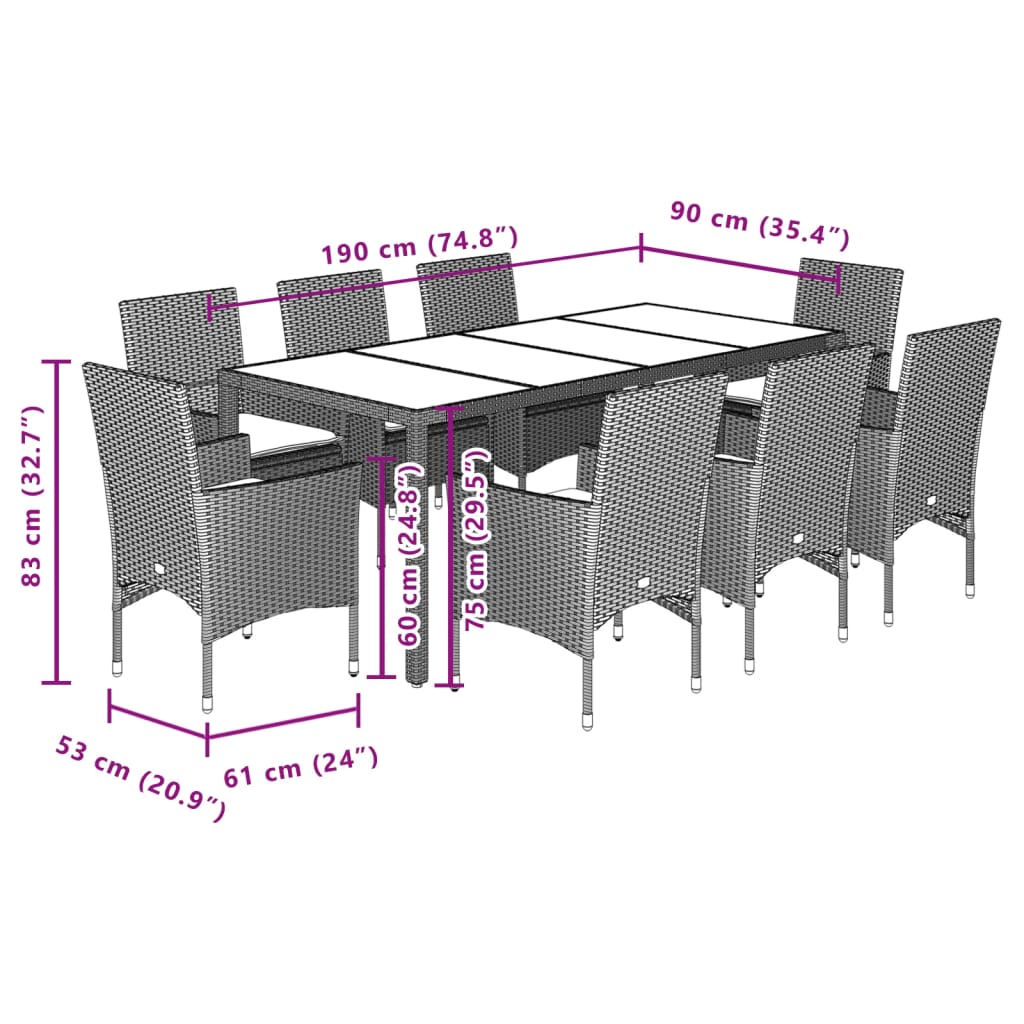 Set da Pranzo da Giardino 9 pz con Cuscini Polyrattan e Vetro 3278548