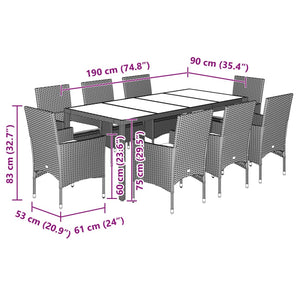 Set da Pranzo da Giardino 9 pz con Cuscini Polyrattan e Vetro 3278548