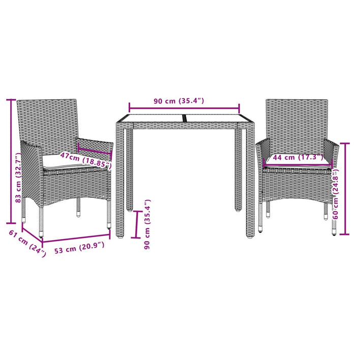 Set da Pranzo da Giardino 3pz con Cuscini Polyrattan e Vetro 3278549