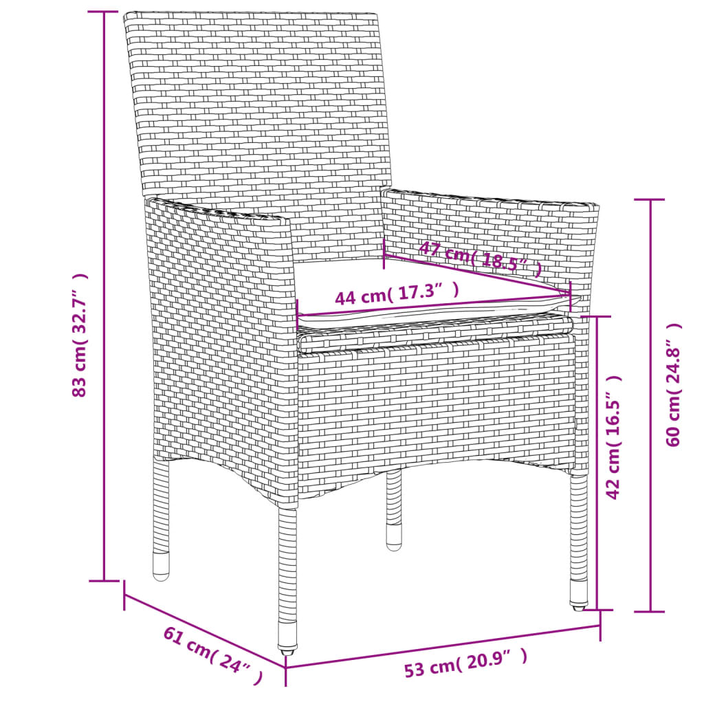 Set da Pranzo da Giardino 3pz con Cuscini Polyrattan e Vetro 3278549