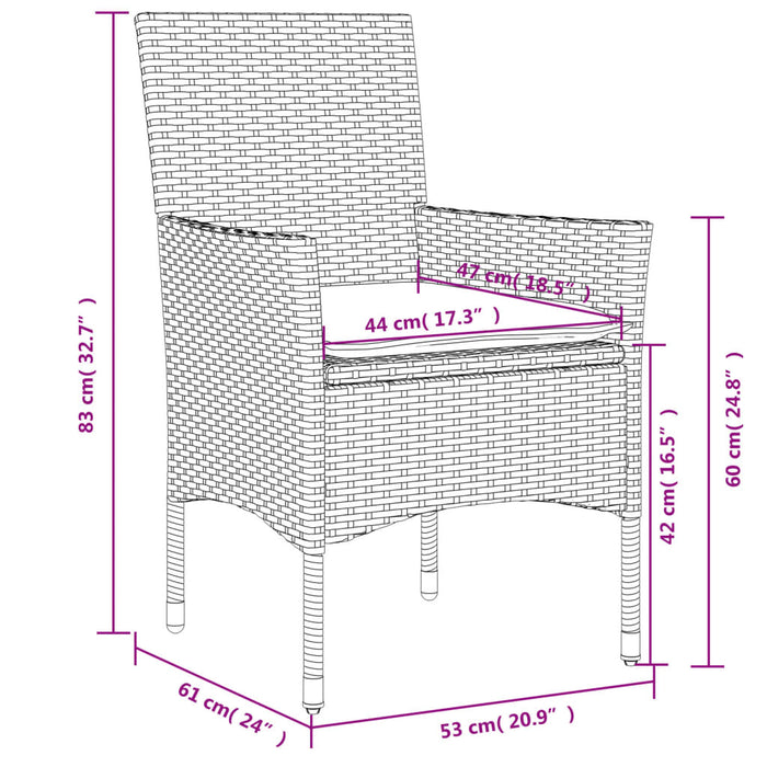 Set da Pranzo da Giardino 3pz con Cuscini Polyrattan e Vetro 3278549