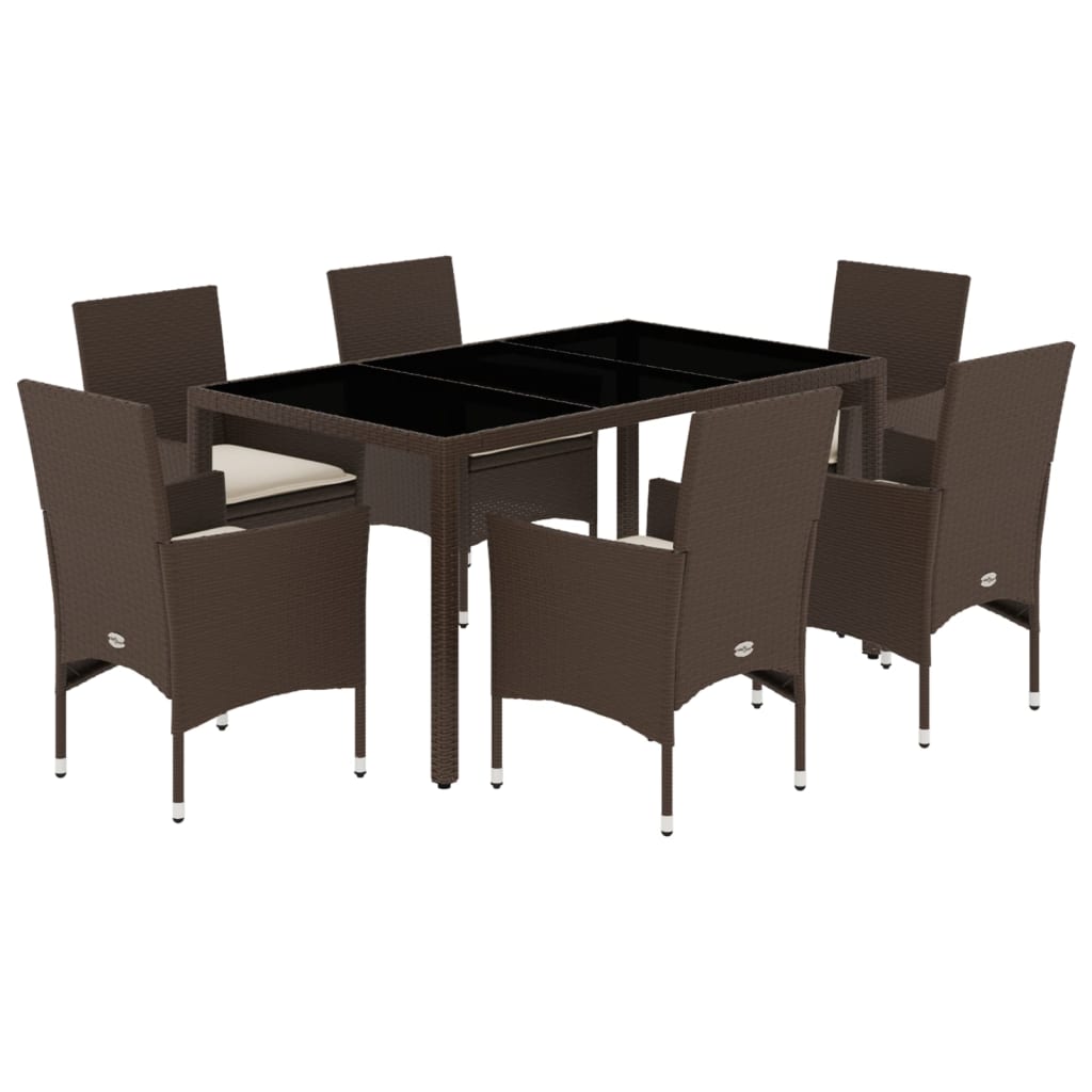 Set Pranzo da Giardino 7pz con Cuscini Marrone Polyrattan Vetro 3278552