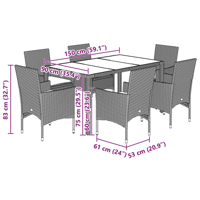 Set Pranzo da Giardino 7pz con Cuscini Marrone Polyrattan Vetro 3278552