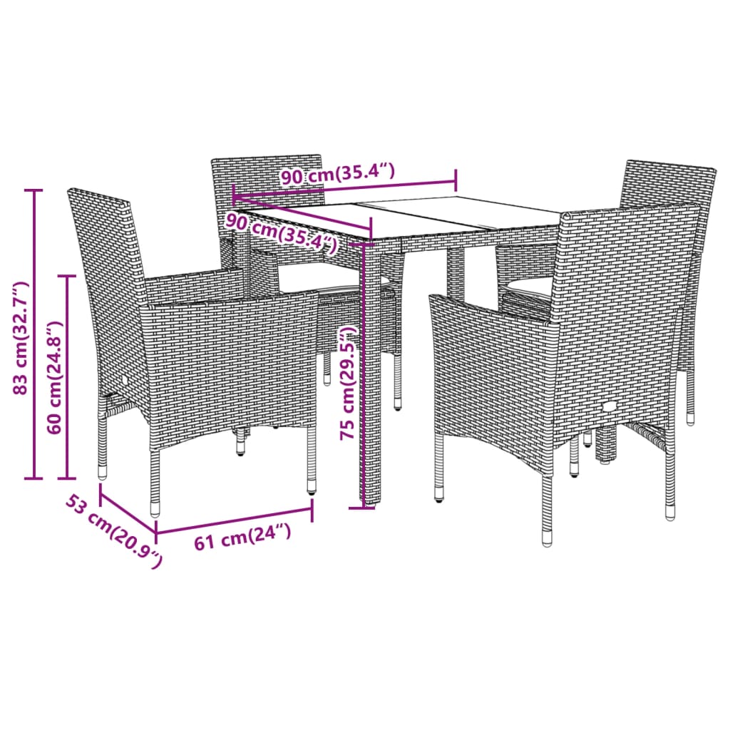 Set da Pranzo da Giardino 5 pz con Cuscini Polyrattan e Vetro 3278556