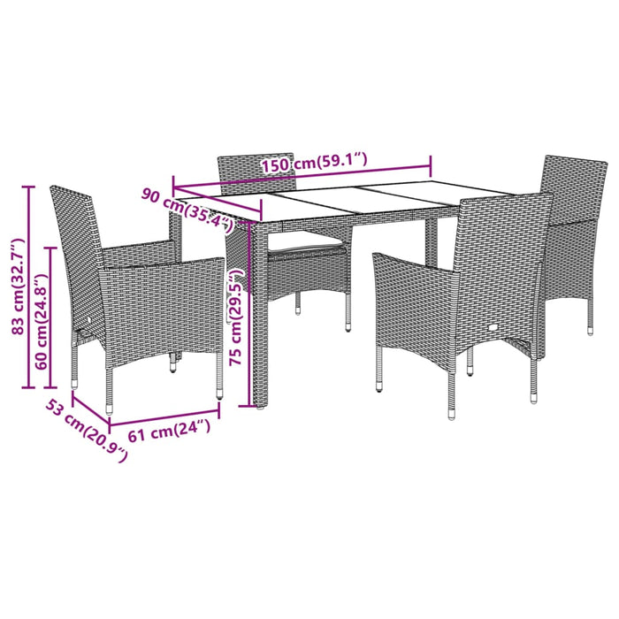 Set da Pranzo da Giardino 5 pz con Cuscini Polyrattan e Vetro 3278569