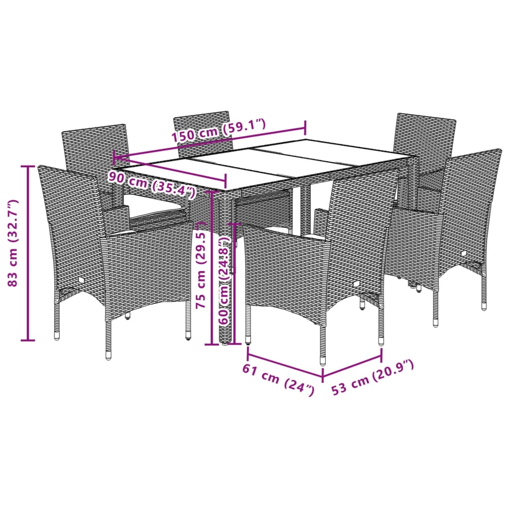 Set da Pranzo da Giardino 7 pz con Cuscini Polyrattan e Vetro 3278582