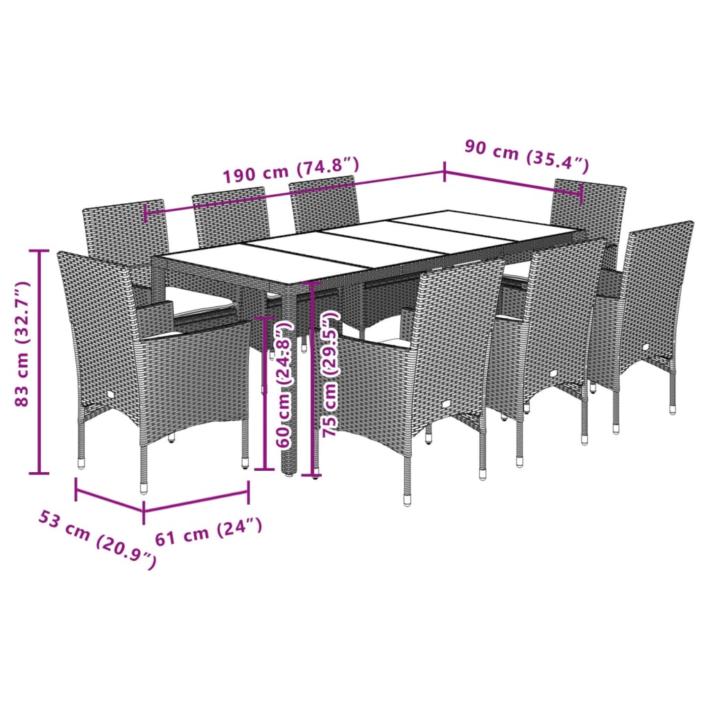 Set da Pranzo da Giardino 9 pz con Cuscini Polyrattan e Vetro 3278584