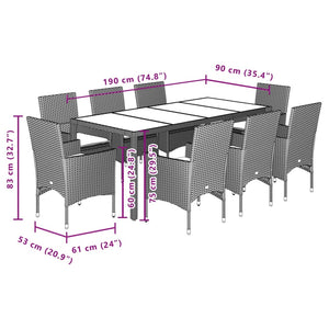 Set da Pranzo da Giardino 9 pz con Cuscini Polyrattan e Vetro 3278584