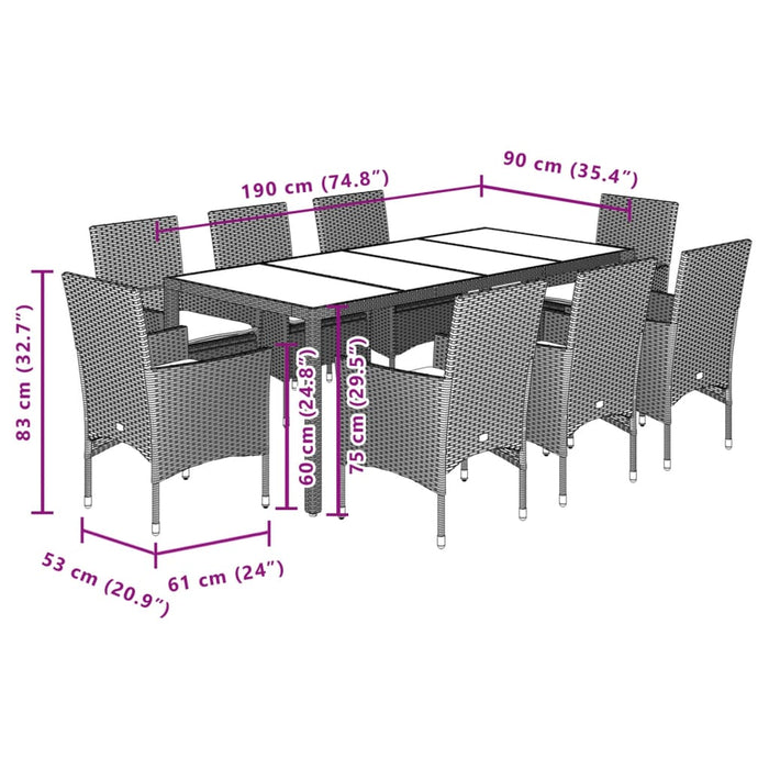 Set da Pranzo da Giardino 9 pz con Cuscini Polyrattan e Vetro 3278584