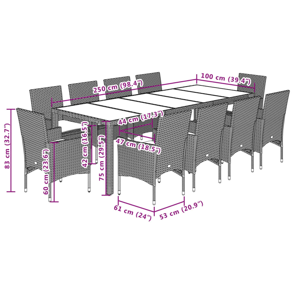 Set da Pranzo da Giardino 11 pz con Cuscini Polyrattan e Vetro 3278588