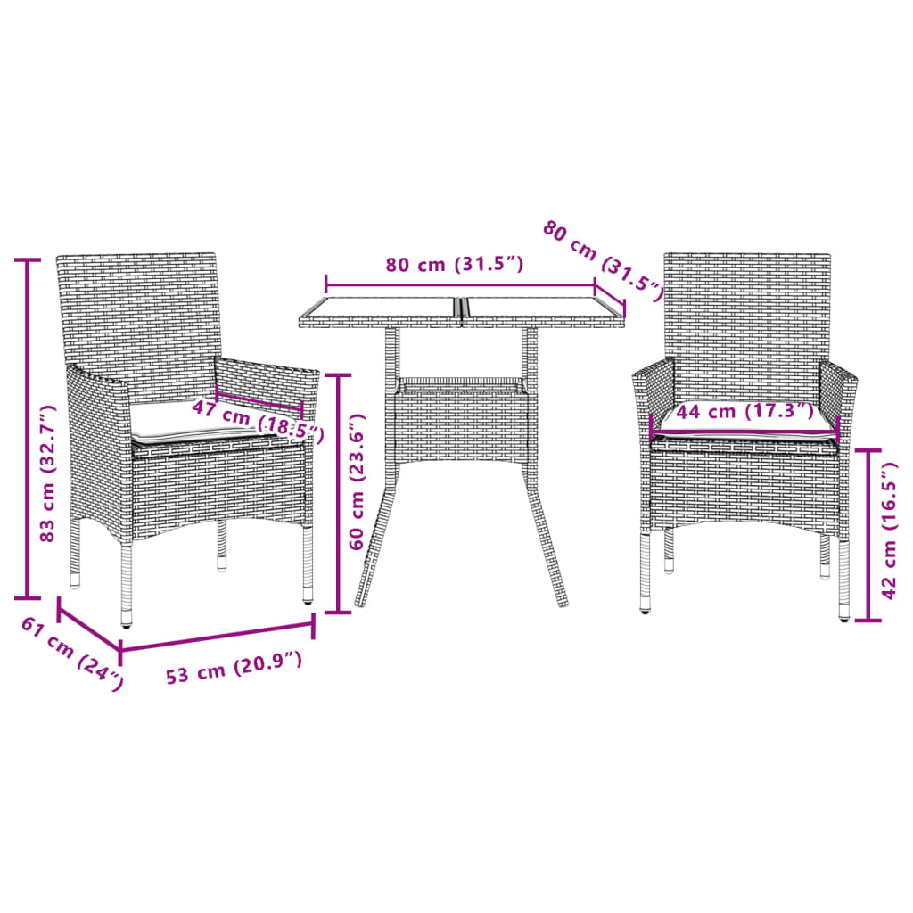 Set da Pranzo da Giardino 3 pz con Cuscini Polyrattan e Vetro 3278599