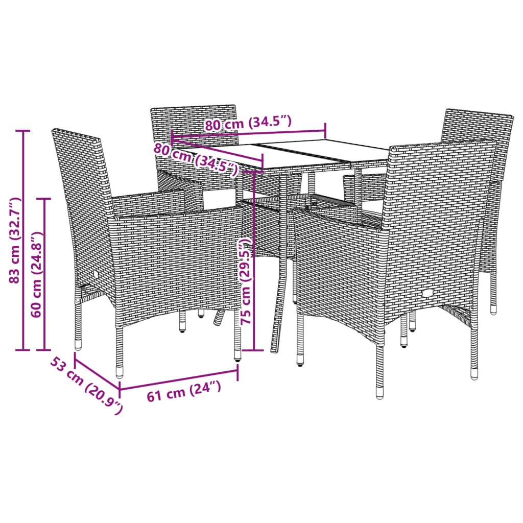 Set da Pranzo da Giardino con Cuscini 5 pz Polyrattan e Vetro 3278600