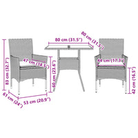 Set da Pranzo da Giardino 3 pz con Cuscini Polyrattan e Vetro 3278607