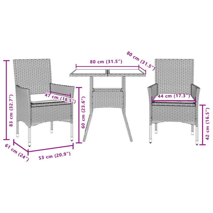 Set Pranzo da Giardino 3pz con Cuscini Polyrattan e Vetro 3278611