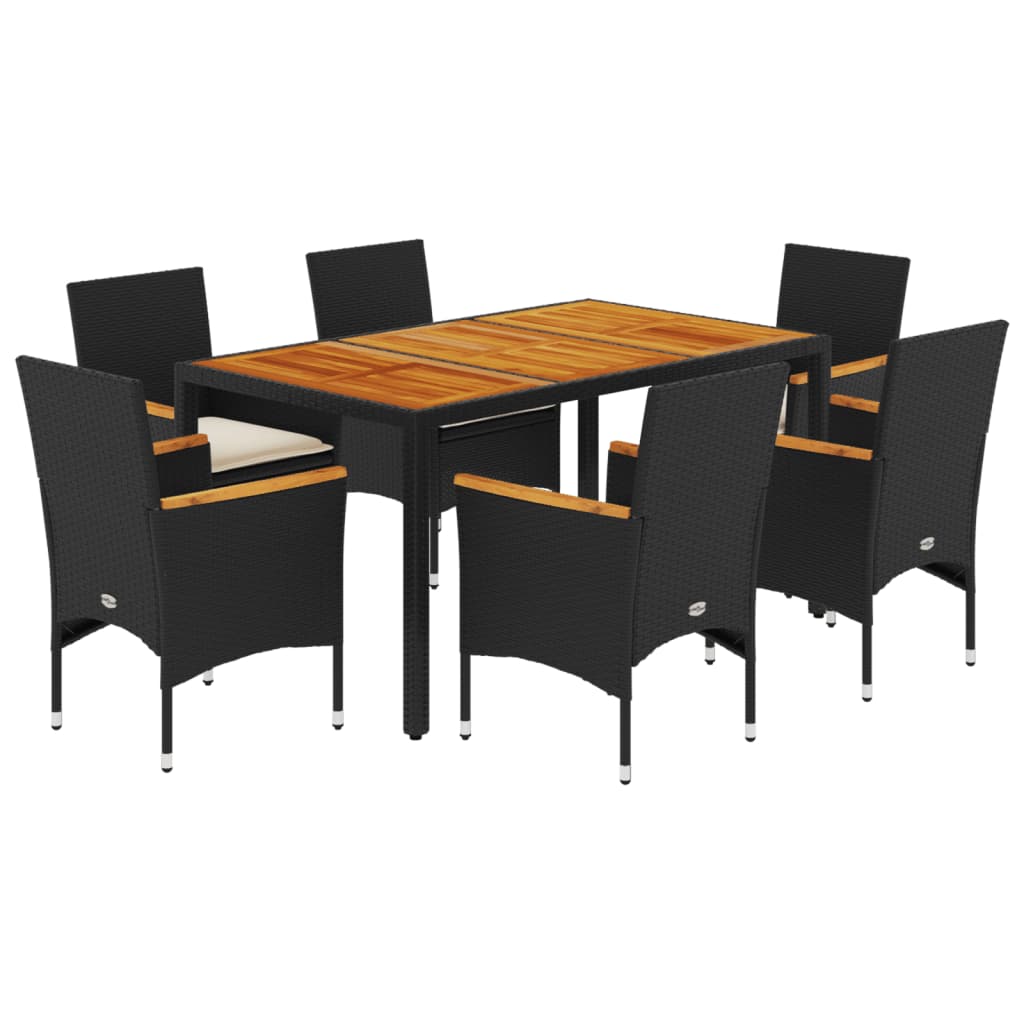 Set Pranzo da Giardino 7 pz Nero con Cuscini Polyrattan Acacia 3278630