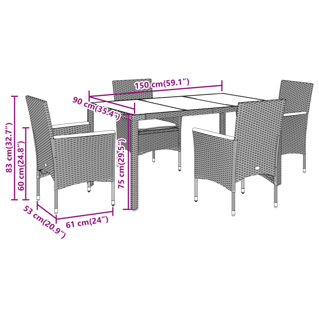 Set da Pranzo da Giardino con Cuscini 5 pz Polyrattan e Vetro 3278647