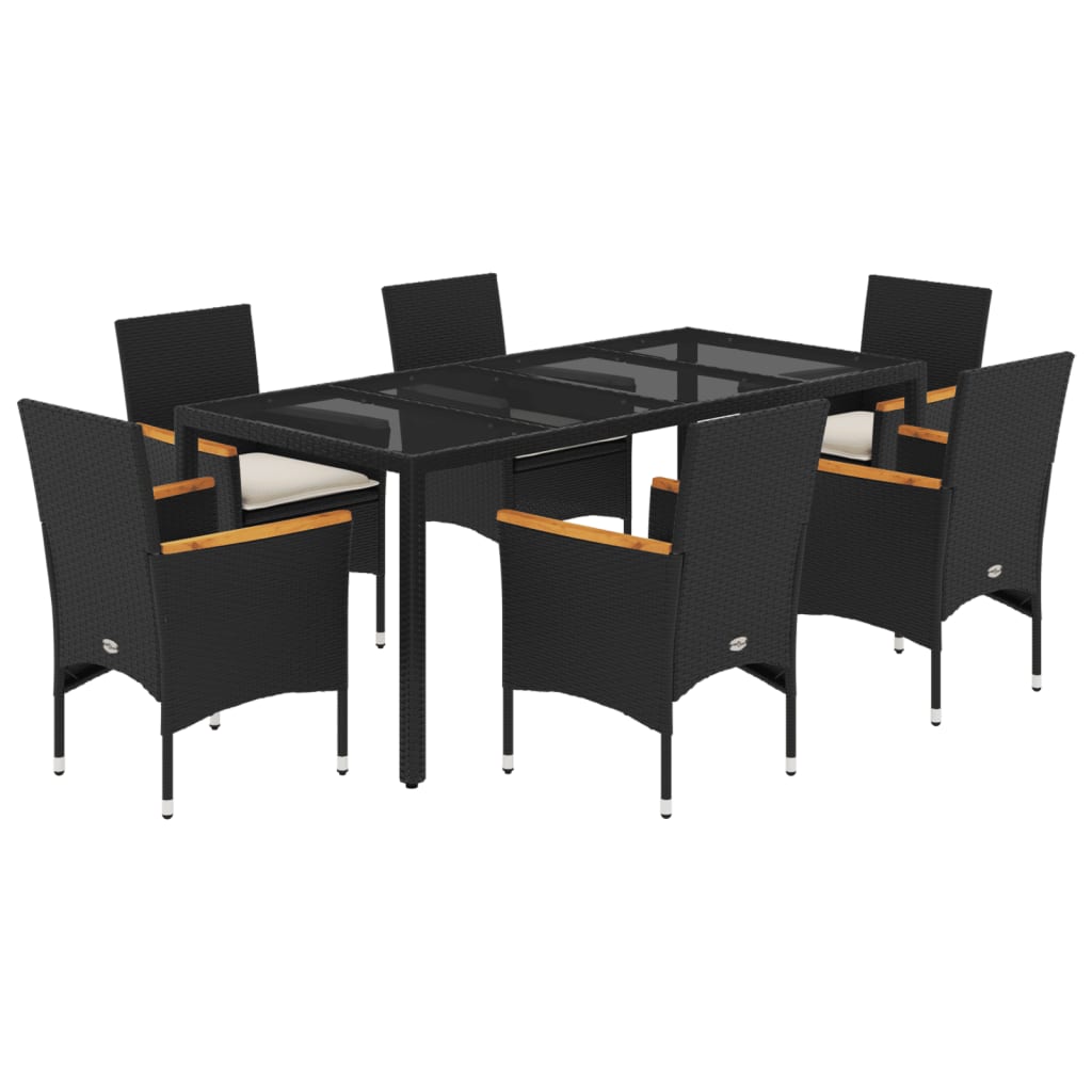 Set Pranzo da Giardino 7 pz Nero con Cuscini Polyrattan Acacia 3278649