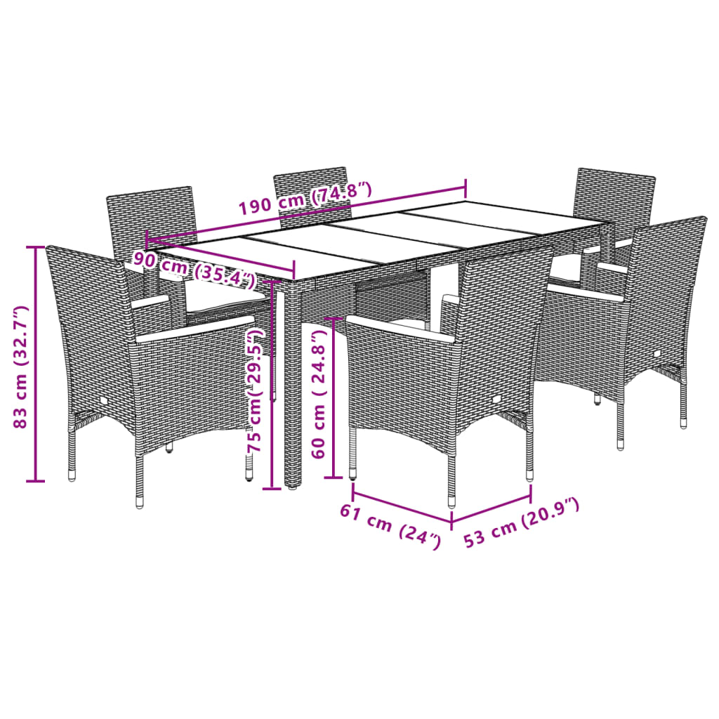 Set Pranzo da Giardino 7 pz Nero con Cuscini Polyrattan Acacia 3278649