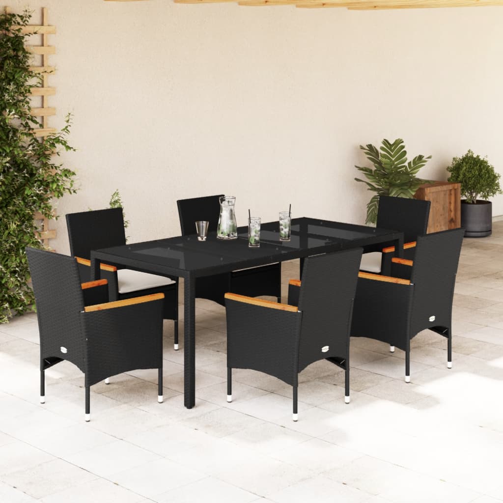 Set Pranzo da Giardino 7 pz Nero con Cuscini Polyrattan Acacia 3278649