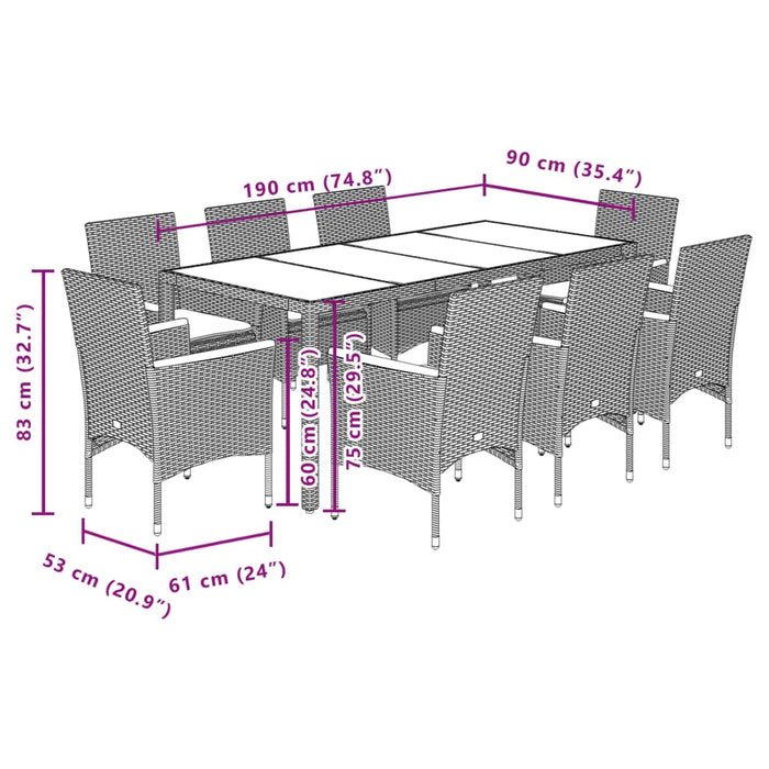 Set da Pranzo da Giardino 9 pz con Cuscini Polyrattan e Vetro 3278650