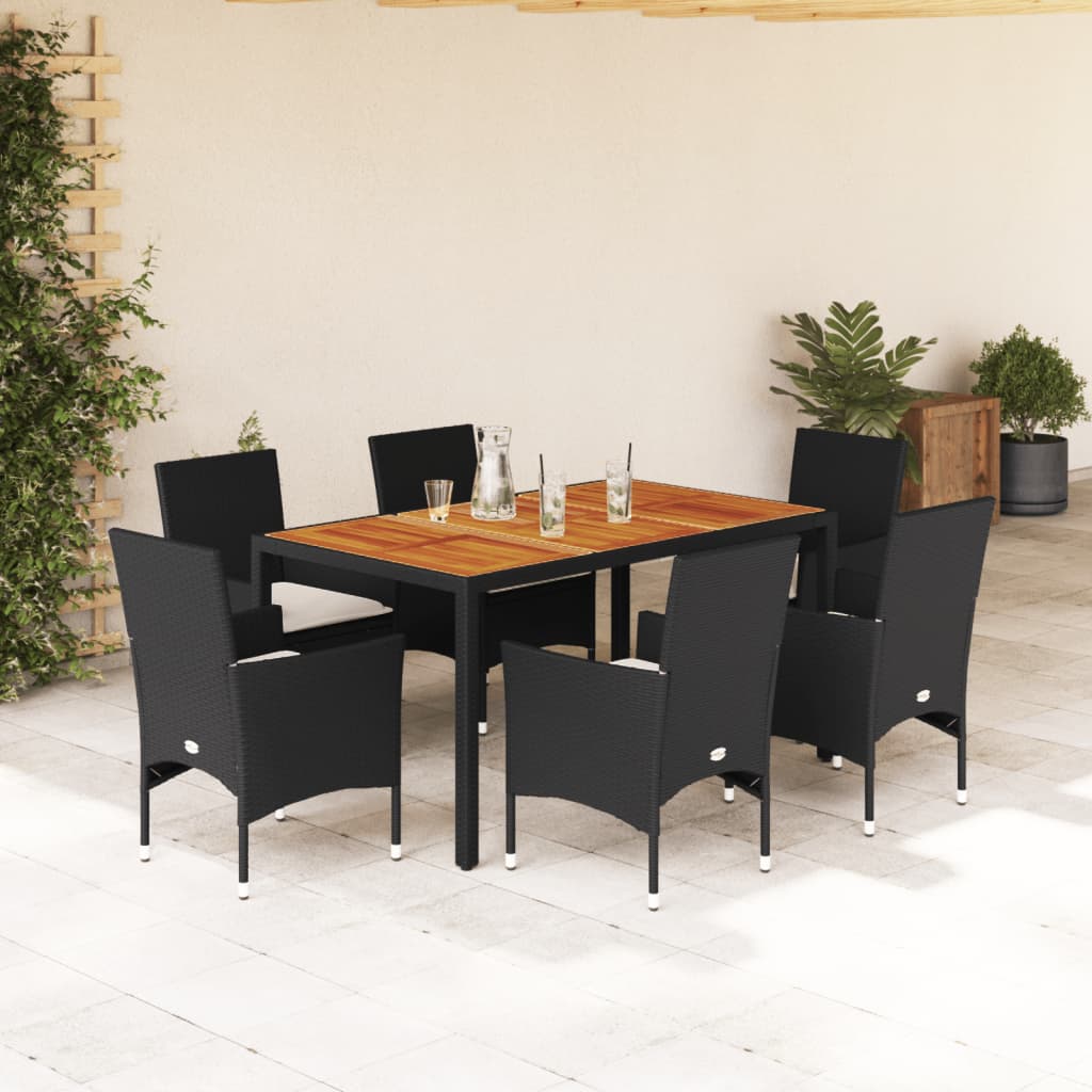 Set Pranzo da Giardino 7 pz Nero con Cuscini Polyrattan Acacia 3278666