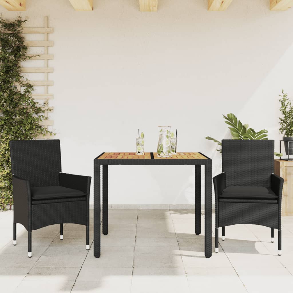 Set Pranzo da Giardino 3 pz con Cuscini Nero Polyrattan Acacia 3278669