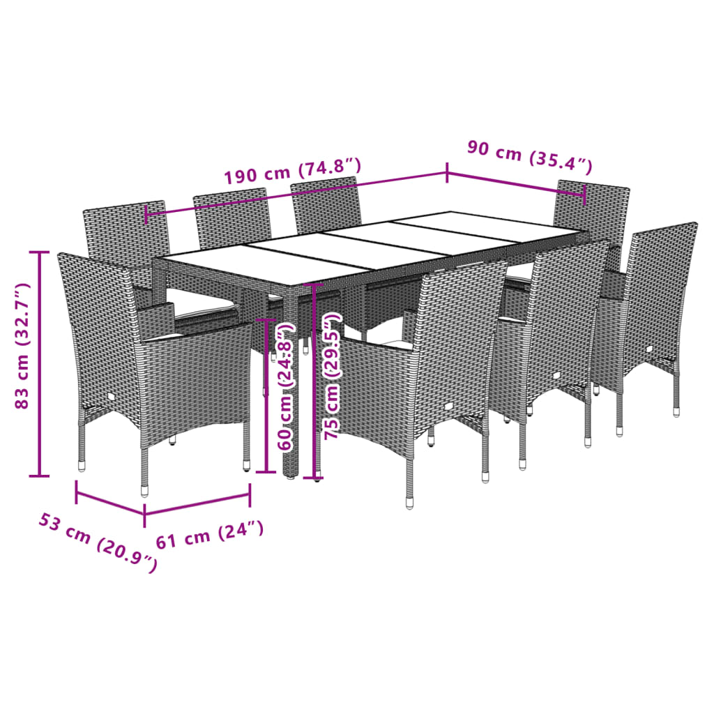 Set Pranzo da Giardino 9 pz con Cuscini Nero Polyrattan Acacia 3278674