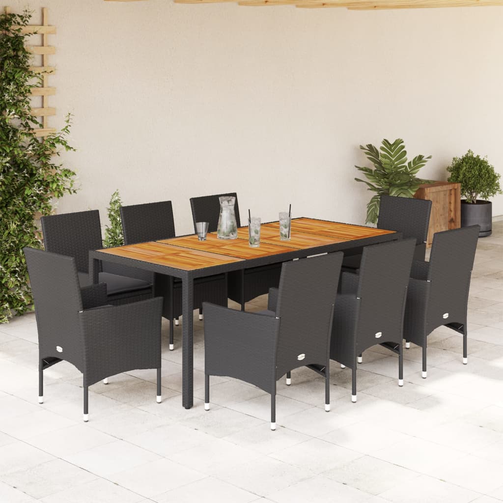 Set Pranzo da Giardino 9 pz con Cuscini Nero Polyrattan Acacia 3278674