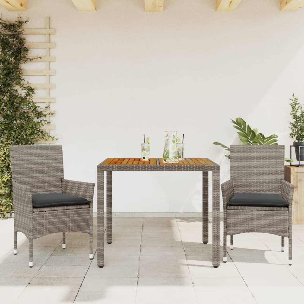 Set Pranzo da Giardino 3pz con Cuscini Polyrattan Acacia Grigio 3278675