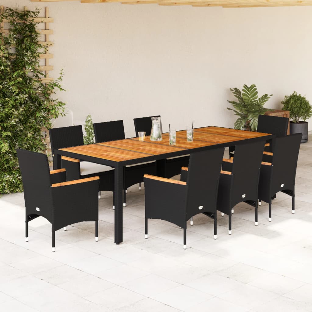 Set Pranzo da Giardino 9 pz con Cuscini Nero Polyrattan Acacia 3278687