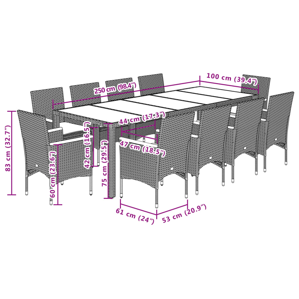 Set Pranzo da Giardino 11 pz con Cuscini Polyrattan Acacia Nero 3278688