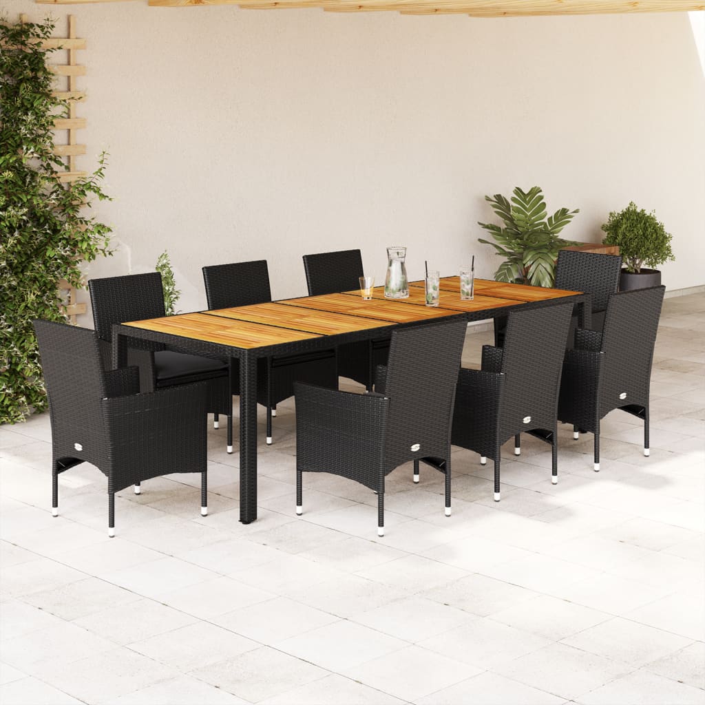 Set Pranzo da Giardino 9 pz con Cuscini Nero Polyrattan Acacia 3278693