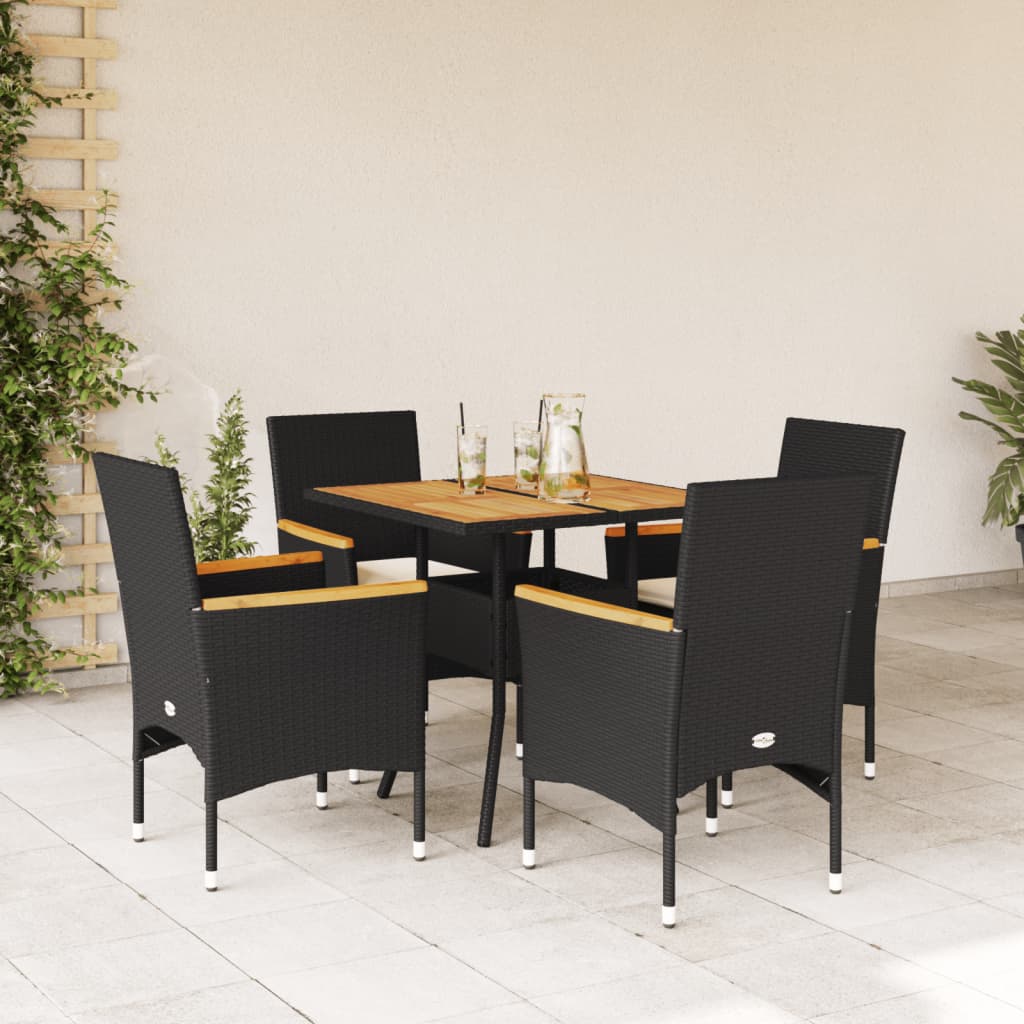 Set Pranzo da Giardino 5 pz con Cuscini Nero Polyrattan Acacia 3278698