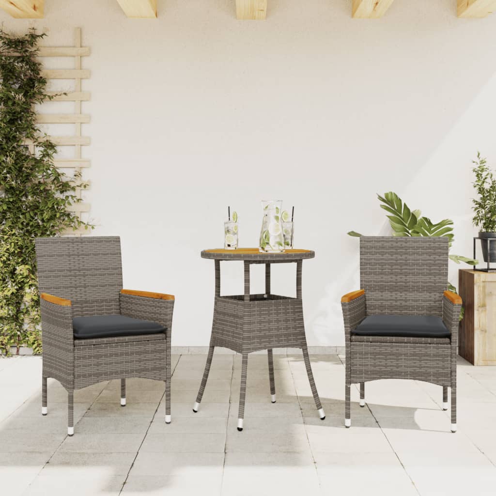 Set Pranzo da Giardino 3pz con Cuscini Polyrattan Acacia Grigio 3278719