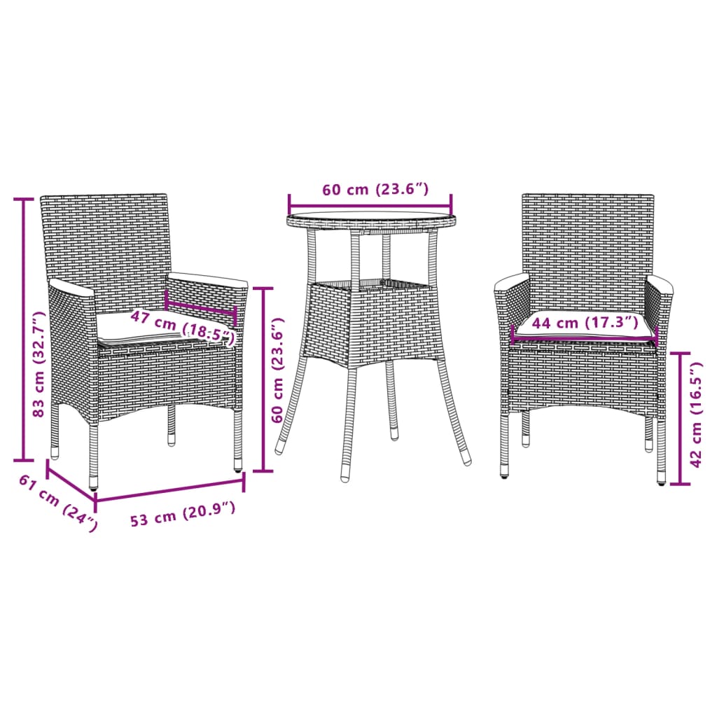 Set da Pranzo da Giardino 3 pz con Cuscini Polyrattan e Vetro 3278721