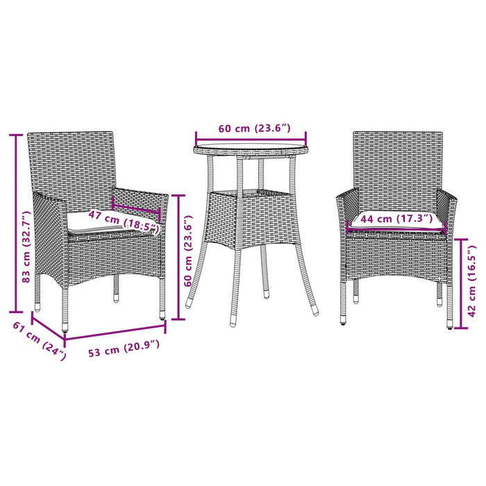 Set Pranzo da Giardino 3 pz con Cuscini Nero Polyrattan Acacia 3278727