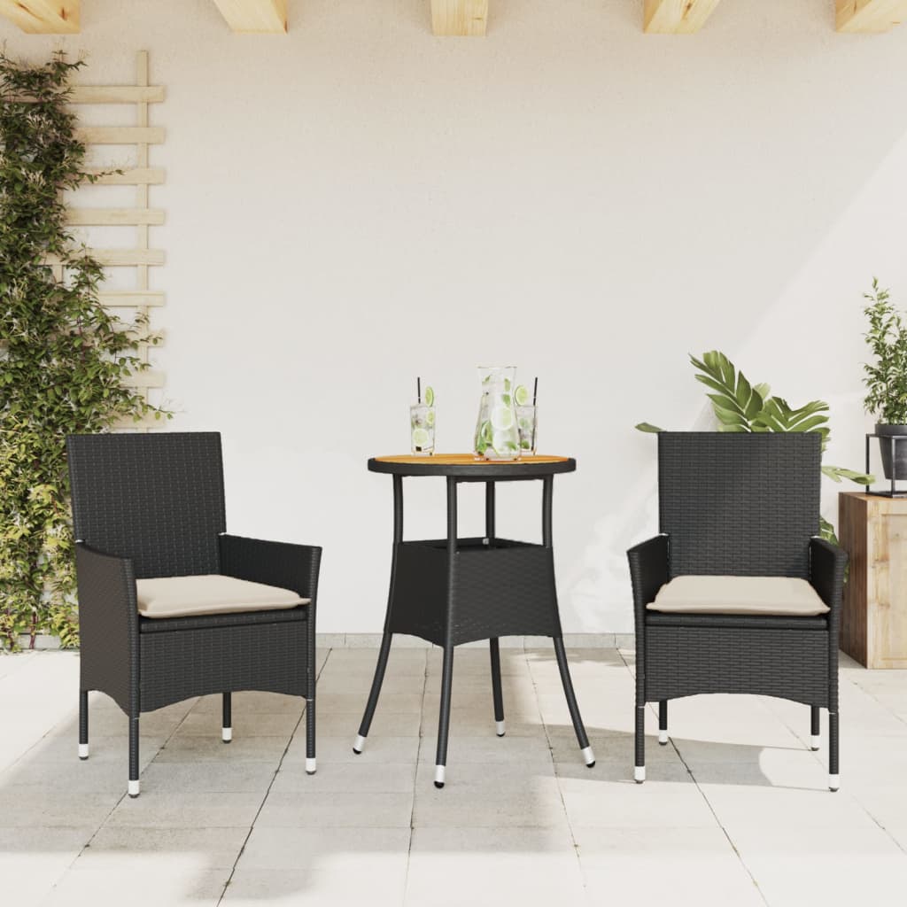 Set Pranzo da Giardino 3 pz con Cuscini Nero Polyrattan Acacia 3278727