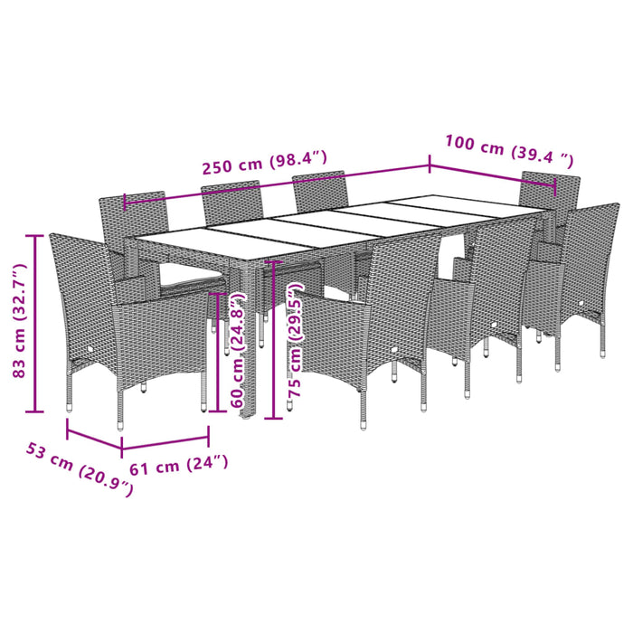 Set da Pranzo da Giardino 9 pz con Cuscini Polyrattan e Vetro 3278735