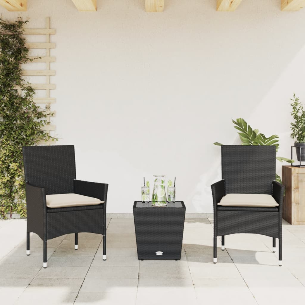 Set da Bistrò 3 pz con Cuscini Nero Polyrattan e Vetro 3278739