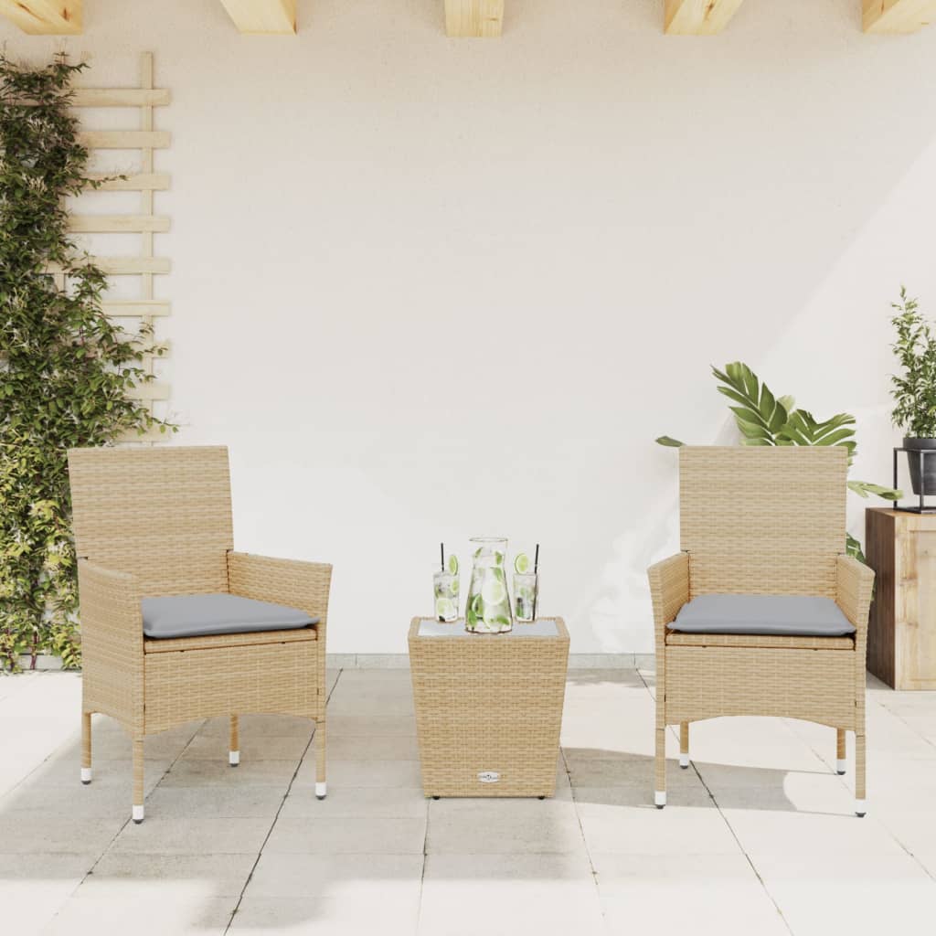 Set da Bistrò 3 pz con Cuscini Beige Polyrattan e Vetro 3278743