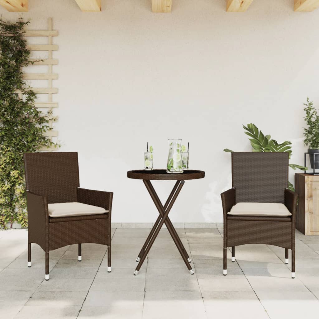 Set Bistrò 3 pz con Cuscini Marrone Polyrattan e Vetro 3278749