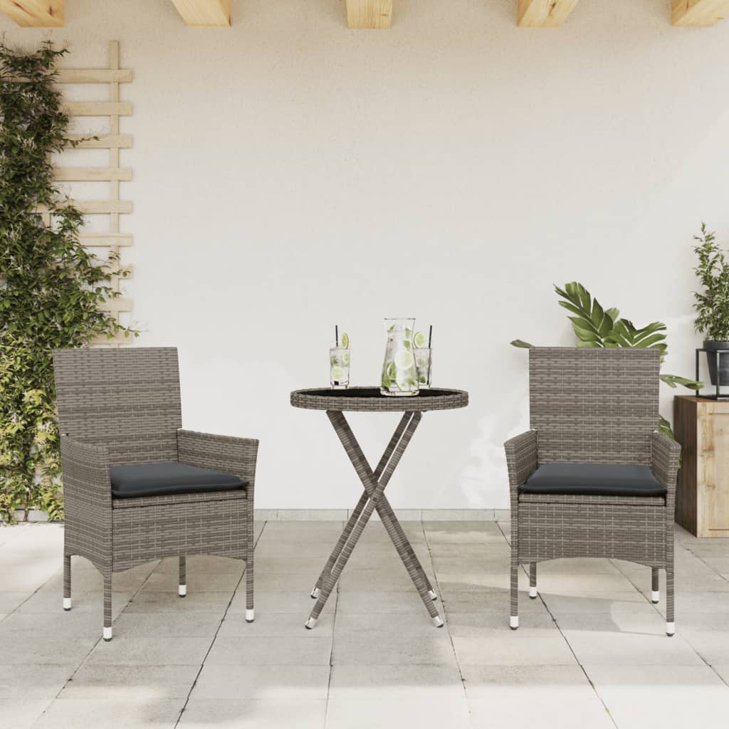 Set da Bistrò 3 pz con Cuscini Grigio Polyrattan e Vetro 3278750